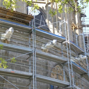 Schoonmaken van de waterspuwers op de kathedraal van Kutna Hora