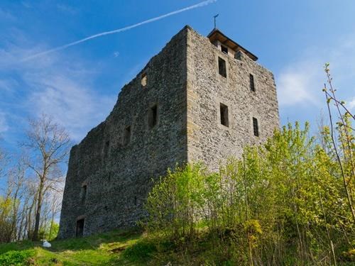 De ruïnes van het kasteel Kamenice met een uitkijktoren